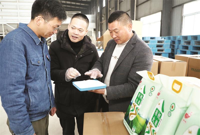 霍邱县汇浩农业水利服务负责人刘权生(中)在加工厂房内察看成品大米